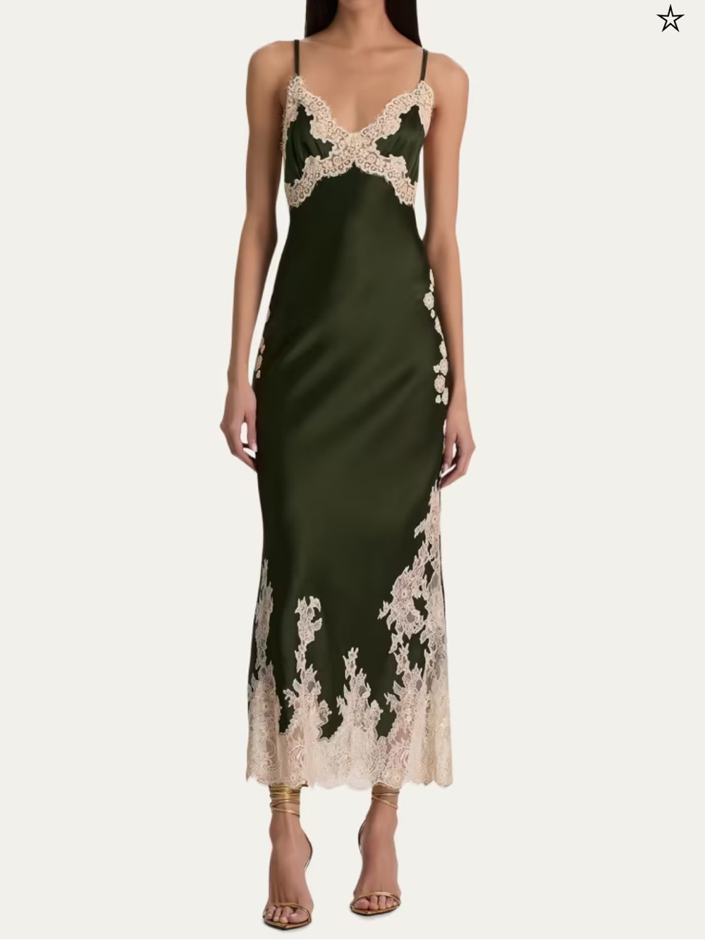 ALICE + OLIVIA Julietta Cutaway Lace-Trim Satin Dress Dark Green